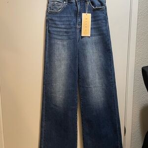 Risen Blue Flare Wide Leg Jeans with Vintage Wash